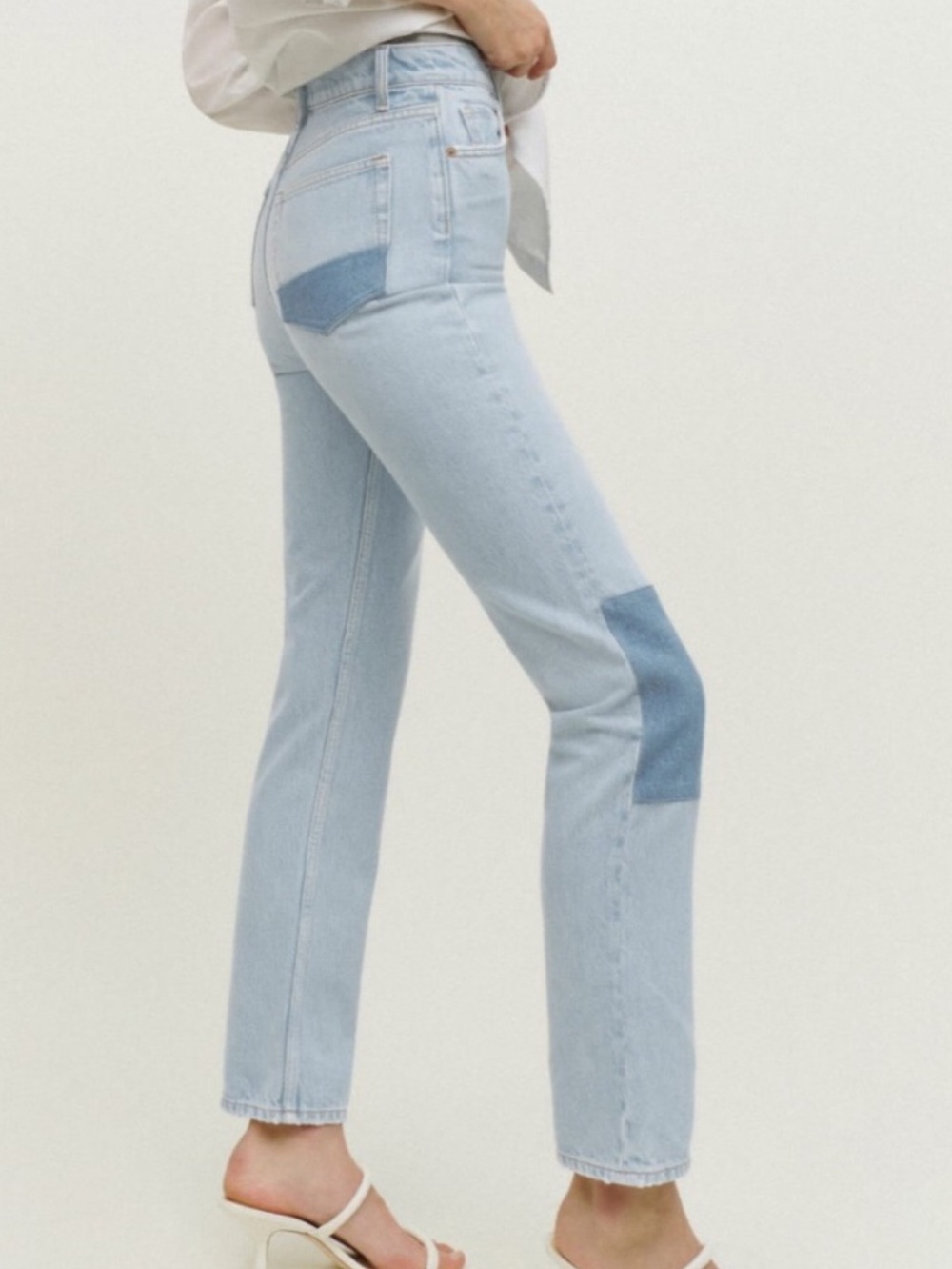 Reformation Cynthia knee patch jeans back patch in Tahoe wash
